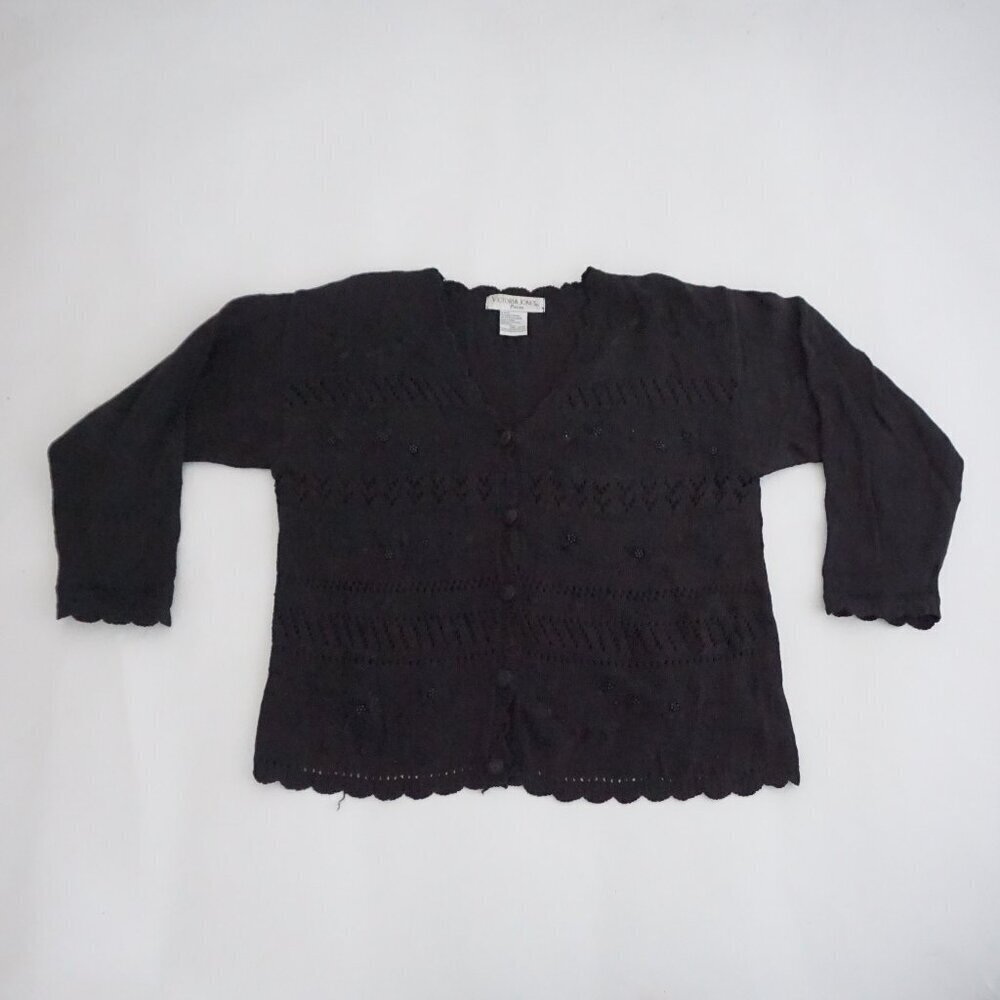 Vintage Victoria Jones Black Pointelle Button Front Knit Cardigan Sweater PL